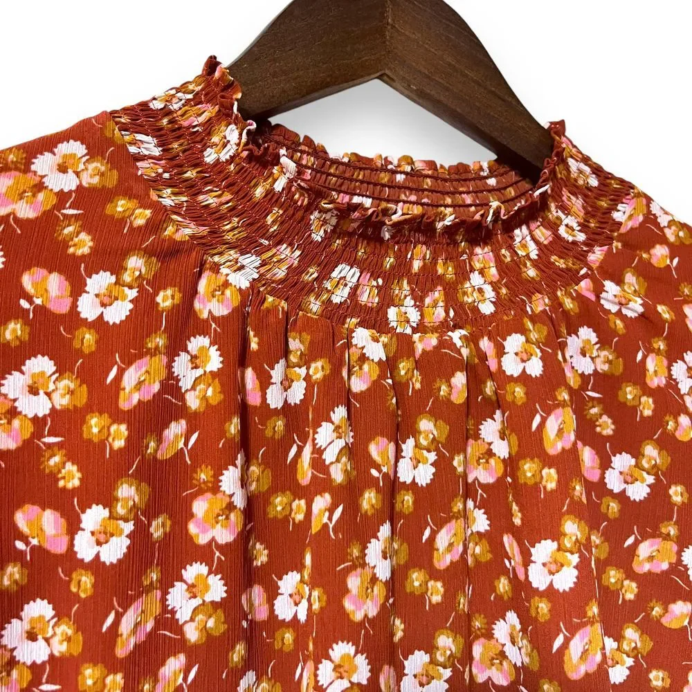 J Crew Shirt Medium Smocked Puff Sleeve Ruffle‎ Burnt Orange Floral Blouse